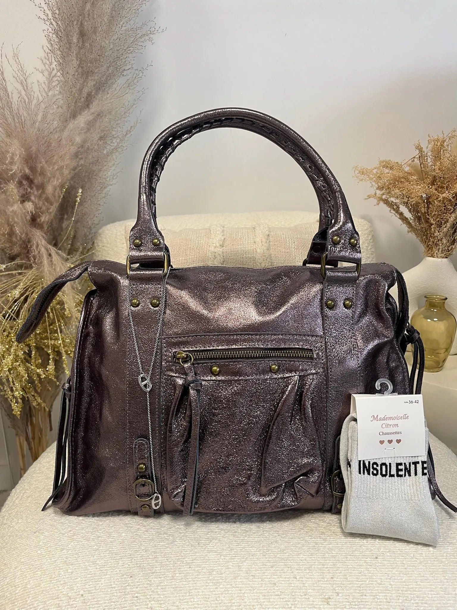 Sac Mila cuir mauve XXL MaisonPerla Collection